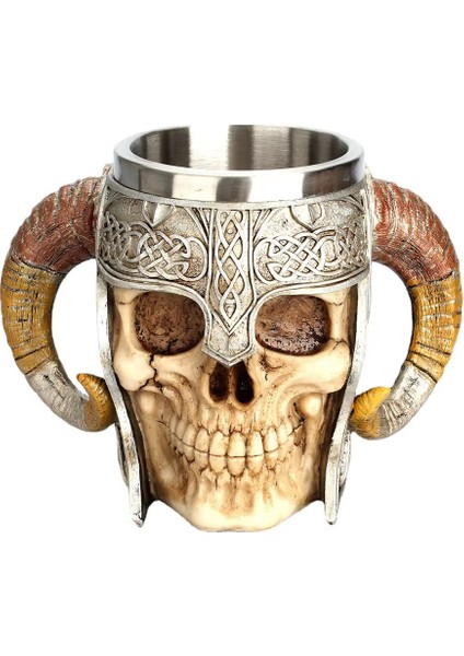 Premium Paslanmaz Çelik Iç Hazneli Kafatası Görünümlü Viking Bira Kupası – Varil Tasarım 500 ml