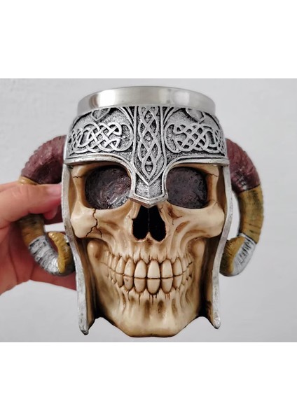 Premium Paslanmaz Çelik Iç Hazneli Kafatası Görünümlü Viking Bira Kupası – Varil Tasarım 500 ml