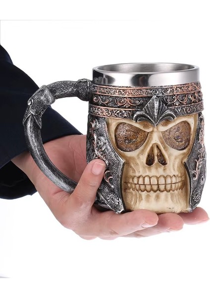 Premium Paslanmaz Çelik Iç Hazneli Kafatası Görünümlü Viking Bira Kupası – Varil Tasarım 500 ml