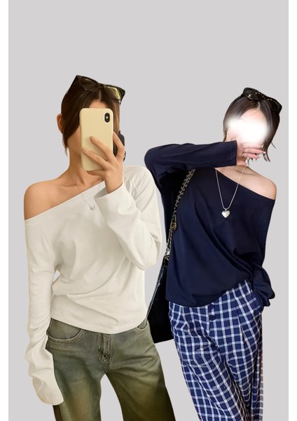 Beyaz Lacivert 2 Li Paket Kadın Düşük Omuz Kayık Yaka Oversize Uzun Kollu T-Shirt