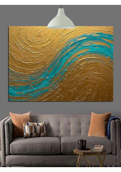 Soyut Altın Mavi Dalgalar Dekoratif Kanvas - Mdf Ahşap Tablo