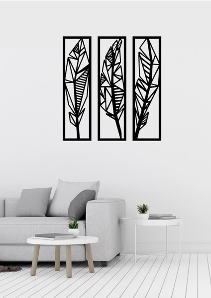 Geometrik Kuş Tüyü Figürlü Üçlü Dekoratif Metal Duvar Süsü