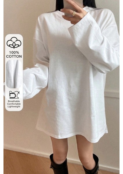 Kadın Beyaz Bol Bisiklet Yaka Uzun Kollu T-Shirt