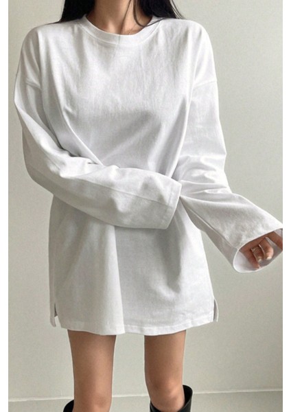 Kadın Beyaz Bol Bisiklet Yaka Uzun Kollu T-Shirt fiyatları