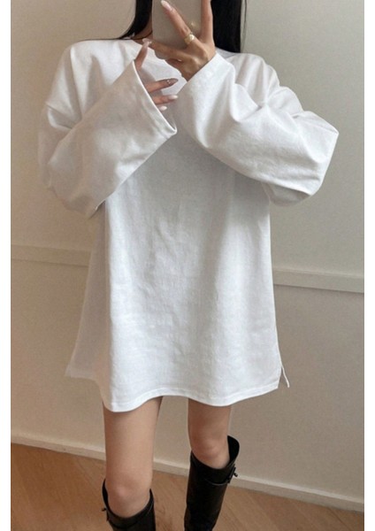 Kadın Beyaz Bol Bisiklet Yaka Uzun Kollu T-Shirt modelleri