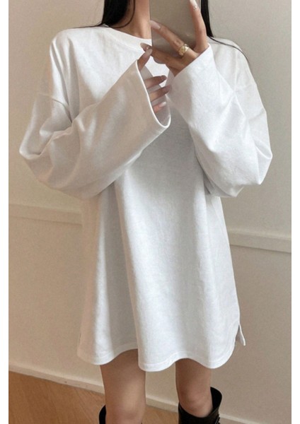 Kadın Beyaz Bol Bisiklet Yaka Uzun Kollu T-Shirt fırsatları