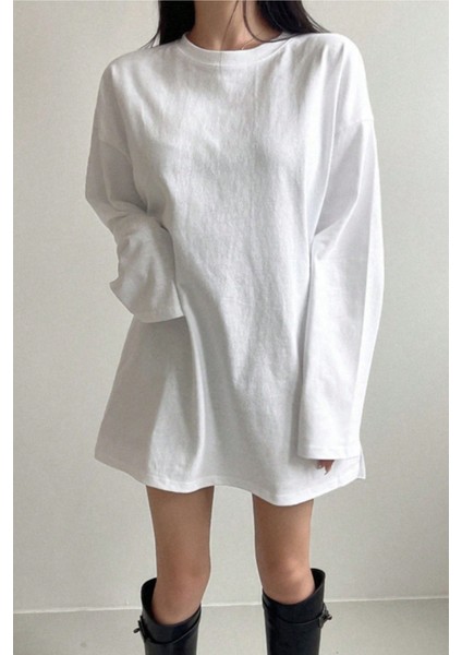 Kadın Beyaz Bol Bisiklet Yaka Uzun Kollu T-Shirt indirimleri