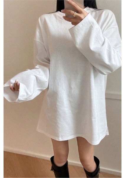 Kadın Beyaz Bol Bisiklet Yaka Uzun Kollu T-Shirt