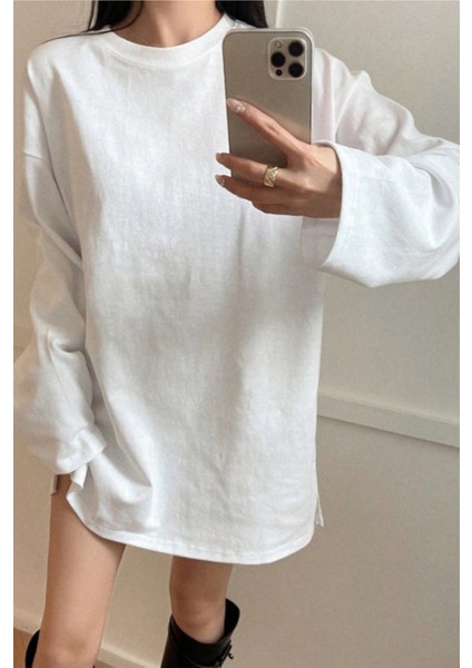 Kadın Beyaz Bol Bisiklet Yaka Uzun Kollu T-Shirt