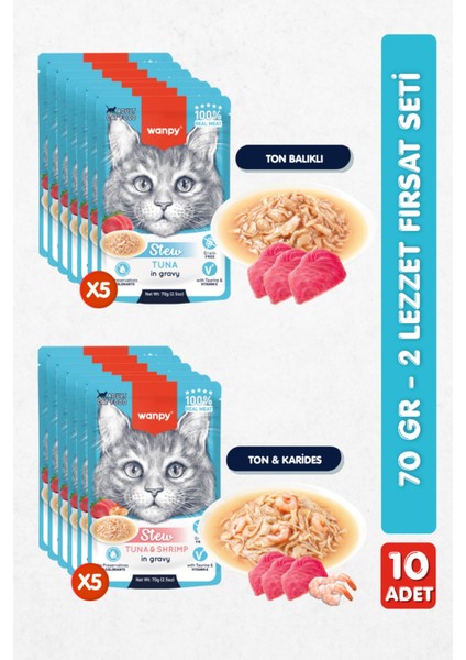 10LU Karışık Yetişkin Kedi Yaş Maması 2 Lezzet Ton Balık Karides Premium Kalite 12 x 70 gr