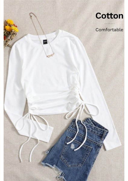 Kadın Beyaz Büzme Ip Detaylı Bisiklet Yaka Uzun Kollu T-Shirt