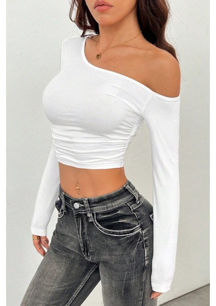 Kadın Asimetrik Yaka Uzun Kollu Crop T-Shirt Beyaz fiyatları