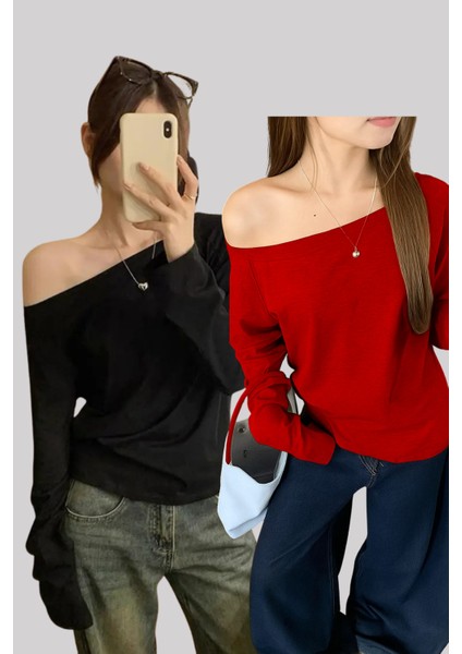 Siyah Kırmızı 2 Li Paket Kadın Düşük Omuz Kayık Yaka Oversize Uzun Kollu T-Shirt