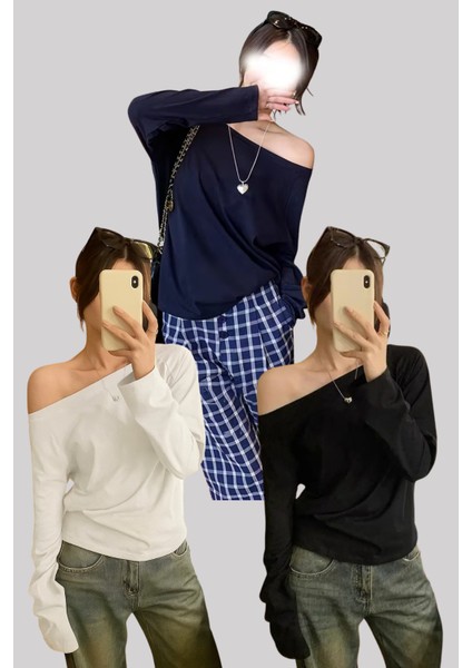 Siyah Beyaz Lacivert 3 Lü Paket Kadın Düşük Omuz Kayık Yaka Oversize Uzun Kollu T-Shirt