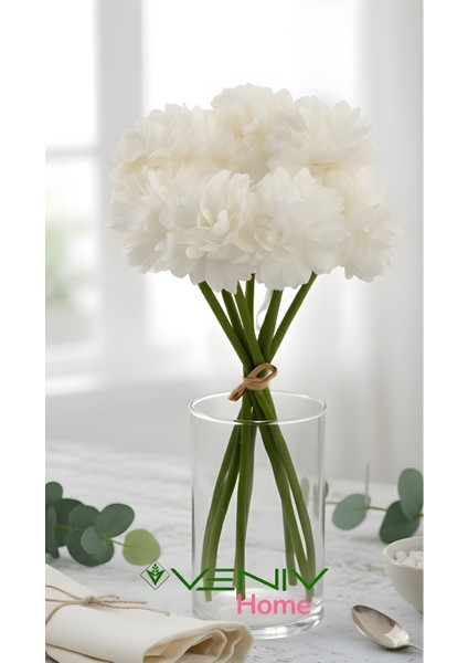 6 Dal Dekoratif Krizantem - Kasımpatı Çiçeği- 25 Cm- Yapay Çiçek Beyaz