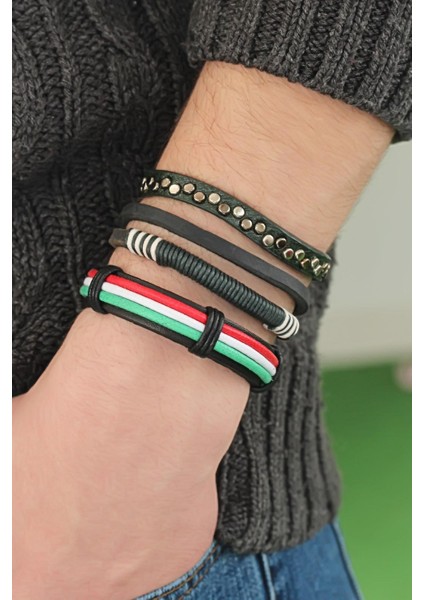 Karışık Renkli Çoklu Deri Erkek Bileklik Kombin