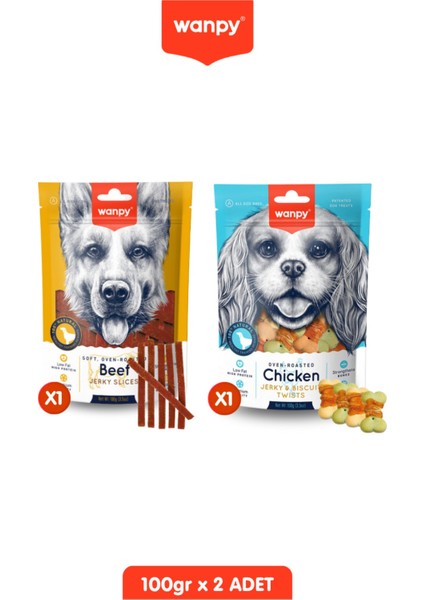 2li Set - Dana Biftek Dilimleri ve Ödül Bisküvisi Tavuk Sargılı Köpek Ödül Maması Köpek Ödülü 100 gr