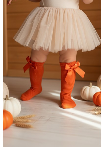 Kız Çocuk Fiyonk Detaylı Diz Altı Çorap / Turuncu AR-0090.2
