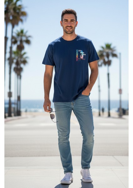 Erkek Sıfır Yaka Baskılı Tshirt