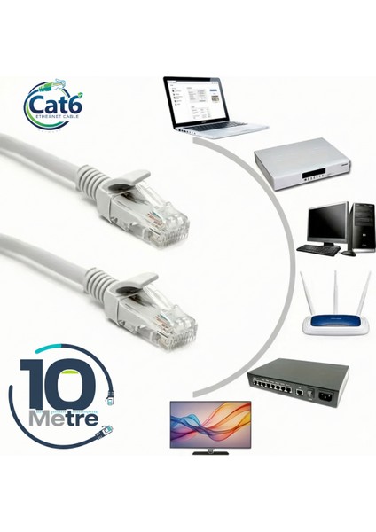 Gabble Cat6 Yüksek Hızlı Ethernet Kablosu | Gigabit Internet Ağ Kablosu | Tak Kullan | 10 Metre