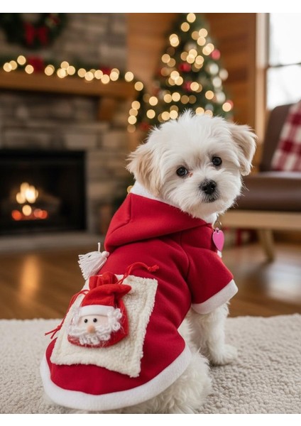 Santa's Bag Yılbaşı Köpek Kıyafeti Premium Kırmızı Polar | Kapüşonlu Noel Köpek Kostümü | Küçük Irklar Için