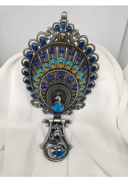 Metal Tavus Kuşu Tüyü Desenli El Aynası ve Tarak Seti (17 x 7.5 Cm) modelleri