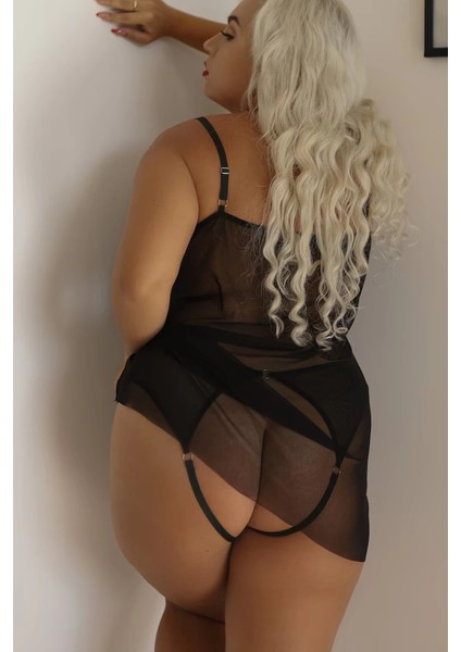 Transparan Siyah Büyük Beden Kısa Tül Gecelik TM1304 fiyatları