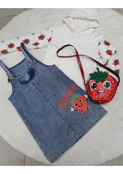 Çilek Baskılı Kot Jile Çanta Hediyeli 3 Lü Takım