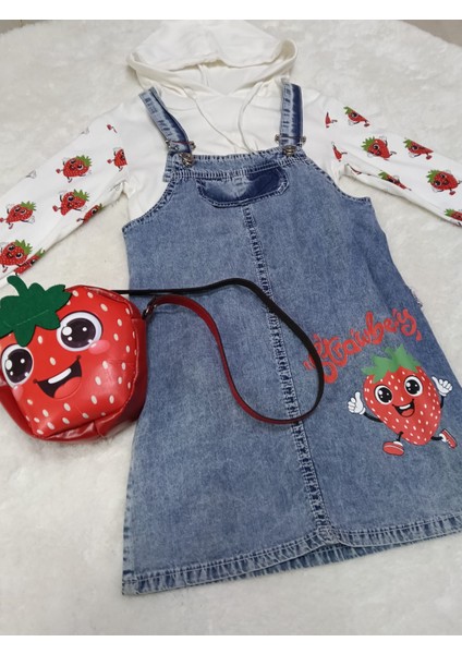 Çilek Baskılı Kot Jile Çanta Hediyeli 3 Lü Takım fiyatları