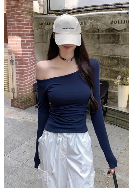 Lacivert Kadın Düşük Omuz Kayık Yaka Dar/slim Uzun Kollu T-Shirt