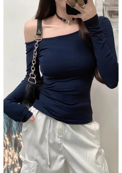 Lacivert Kadın Düşük Omuz Kayık Yaka Dar/slim Uzun Kollu T-Shirt modelleri