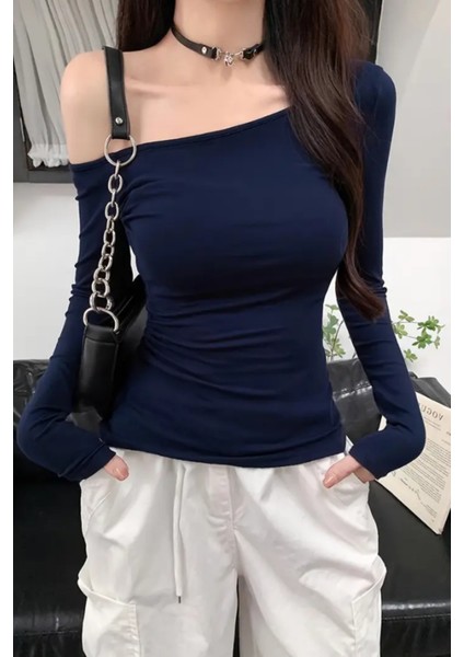 Lacivert Kadın Düşük Omuz Kayık Yaka Dar/slim Uzun Kollu T-Shirt fırsatları