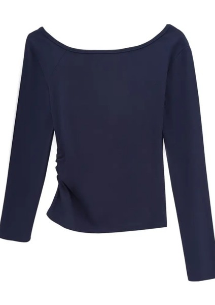 Lacivert Kadın Düşük Omuz Kayık Yaka Dar/slim Uzun Kollu T-Shirt
