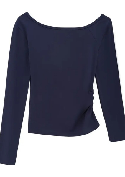 Lacivert Kadın Düşük Omuz Kayık Yaka Dar/slim Uzun Kollu T-Shirt