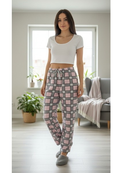 Kare Desenli Kadın Polar Pijama Altı