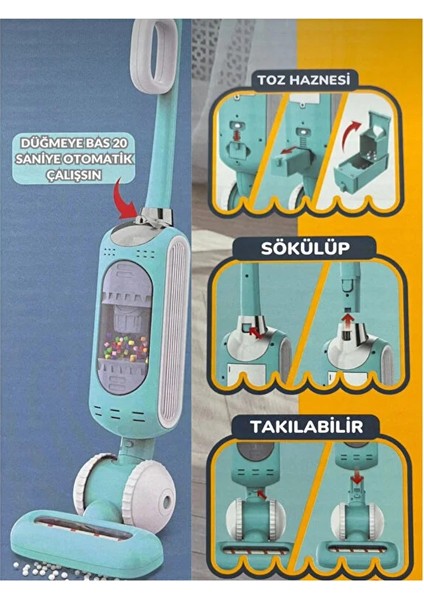 Pilli Çekiş Yapan 360° Döner Başlıklı Dikey Süpürge Toz Hazneli Eğitici Sesli Süre Ayarlı