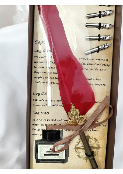 Tüy, Akçaağaç Yaprağı Detaylı Vintage Divit Kalem Seti (27 x 11 Cm)