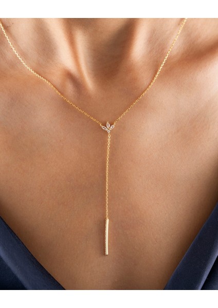 925 Ayar Gümüş Altın Renkli Zirkon Çiçek Detaylı Y Kolye – Minimal Zarif Lariat Kolye -Silveria Jewels