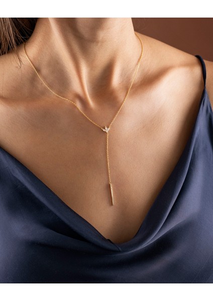 925 Ayar Gümüş Altın Renkli Zirkon Çiçek Detaylı Y Kolye – Minimal Zarif Lariat Kolye -Silveria Jewels indirimleri