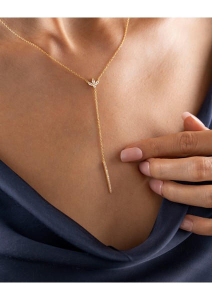 925 Ayar Gümüş Altın Renkli Zirkon Çiçek Detaylı Y Kolye – Minimal Zarif Lariat Kolye -Silveria Jewels