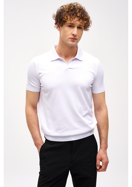 Beyaz Slim Fit Dar Kalıp Polo Yaka Düz Kısa Kollu Triko Tişört