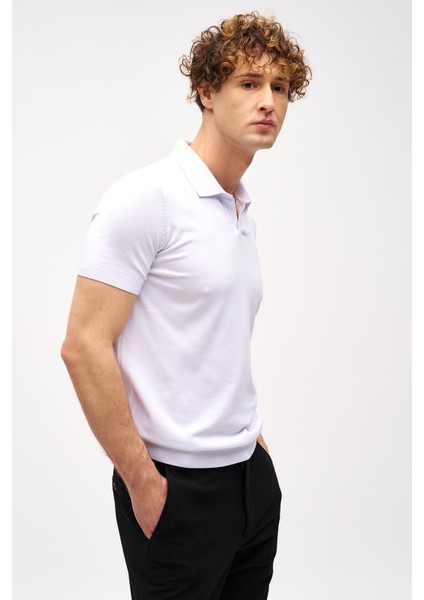 Beyaz Slim Fit Dar Kalıp Polo Yaka Düz Kısa Kollu Triko Tişört fiyatları