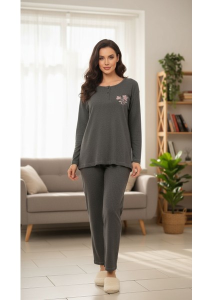 Mini Çiçek Desenli Raporlu Kadın Pijama Takım Antrasit