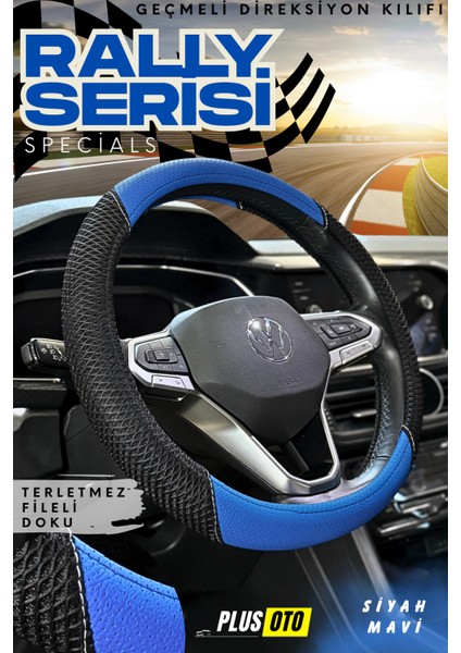 Rally Serisi Geçmeli Oto Direksiyon Kılıfı Özel Fileli Terletmez Doku ve Delikli Deri Araba Aksesuar