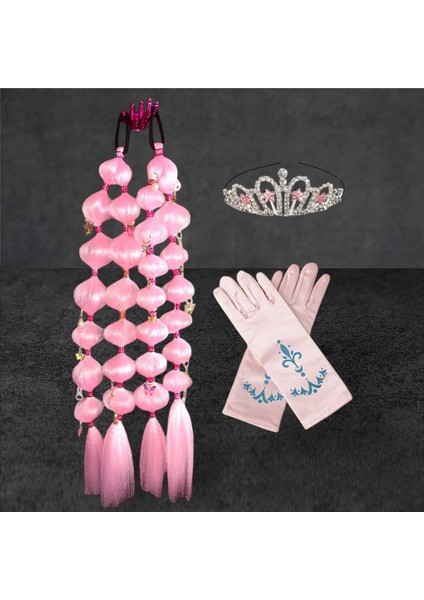 Prenses Pembe Buble Tokalı Saç + Prenses Taç + Pembe Eldiven Doğum Günü Parti Düğün Seti