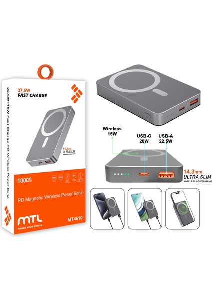 10000 Mah 35W Hızlı Şarj Pd Ultra Ince Kablolu Kablosuz Powerbank Magsafe Uyumlu