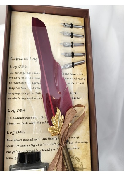 Tüy, Akçaağaç Yaprağı Detaylı Vintage Divit Kalem Seti (27 x 11 Cm)