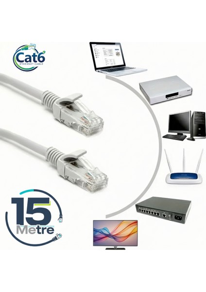 Gabble Cat6 Yüksek Hızlı Ethernet Kablosu | Gigabit Internet Ağ Kablosu | Tak Kullan | 15 Metre