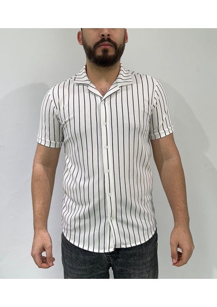 Beyaz Renk Siyah Çizgili Oversize Erkek Gömlek