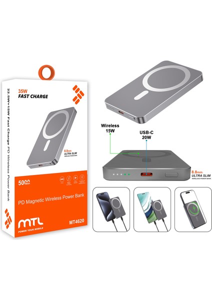 5000 Mah 35W Hızlı Şarj Pd Ultra Ince Kablolu Kablosuz Power Bank Magsafe Uyumlu